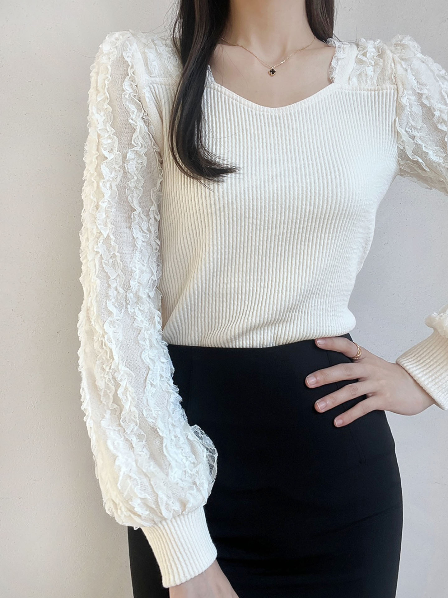 リブハートネック長袖レースTシャツ | 詳細画像5