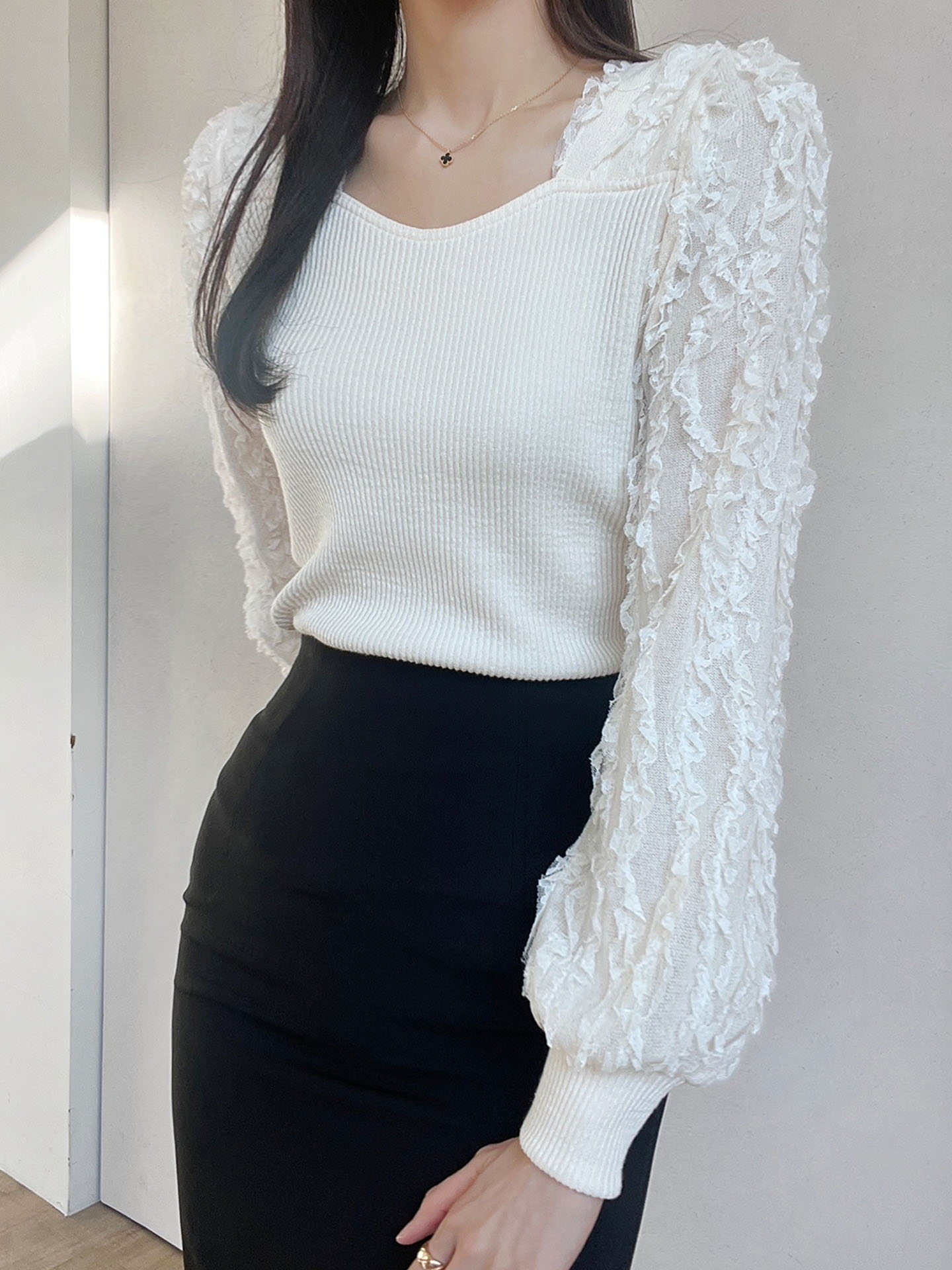 リブハートネック長袖レースTシャツ | 詳細画像6
