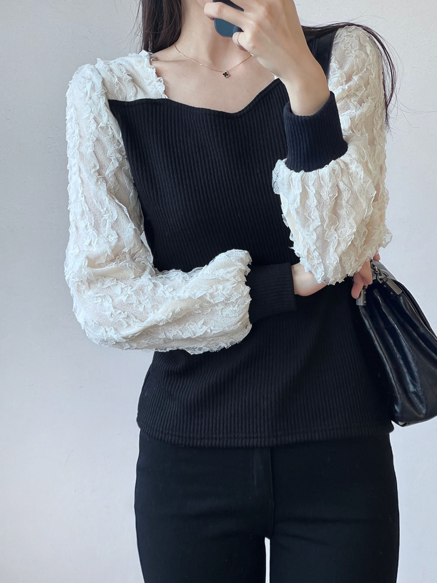 リブハートネック長袖レースTシャツ | 詳細画像8
