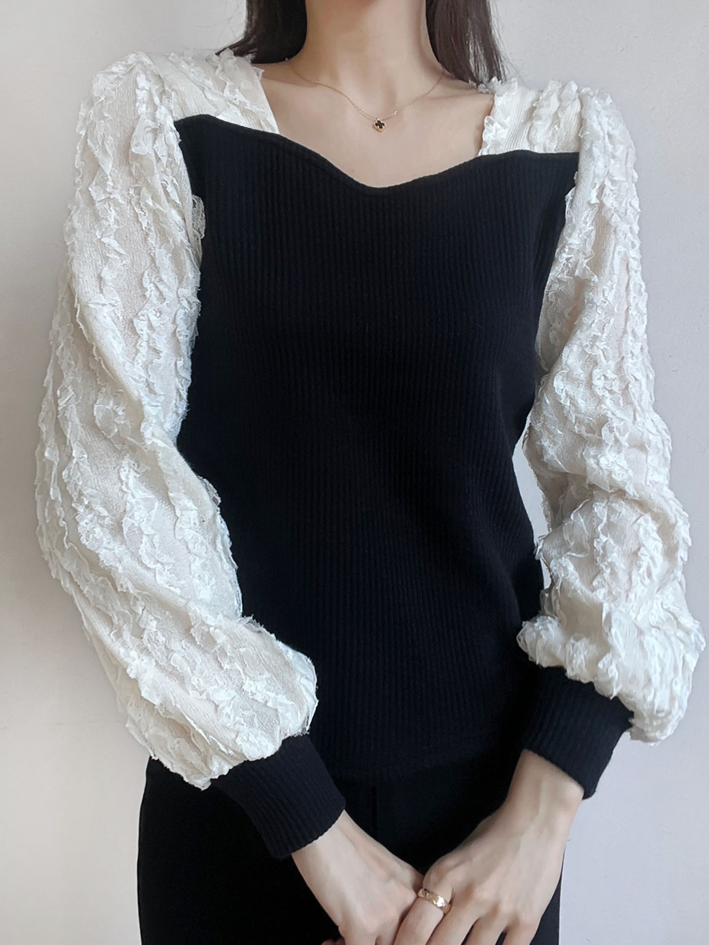リブハートネック長袖レースTシャツ | 詳細画像9