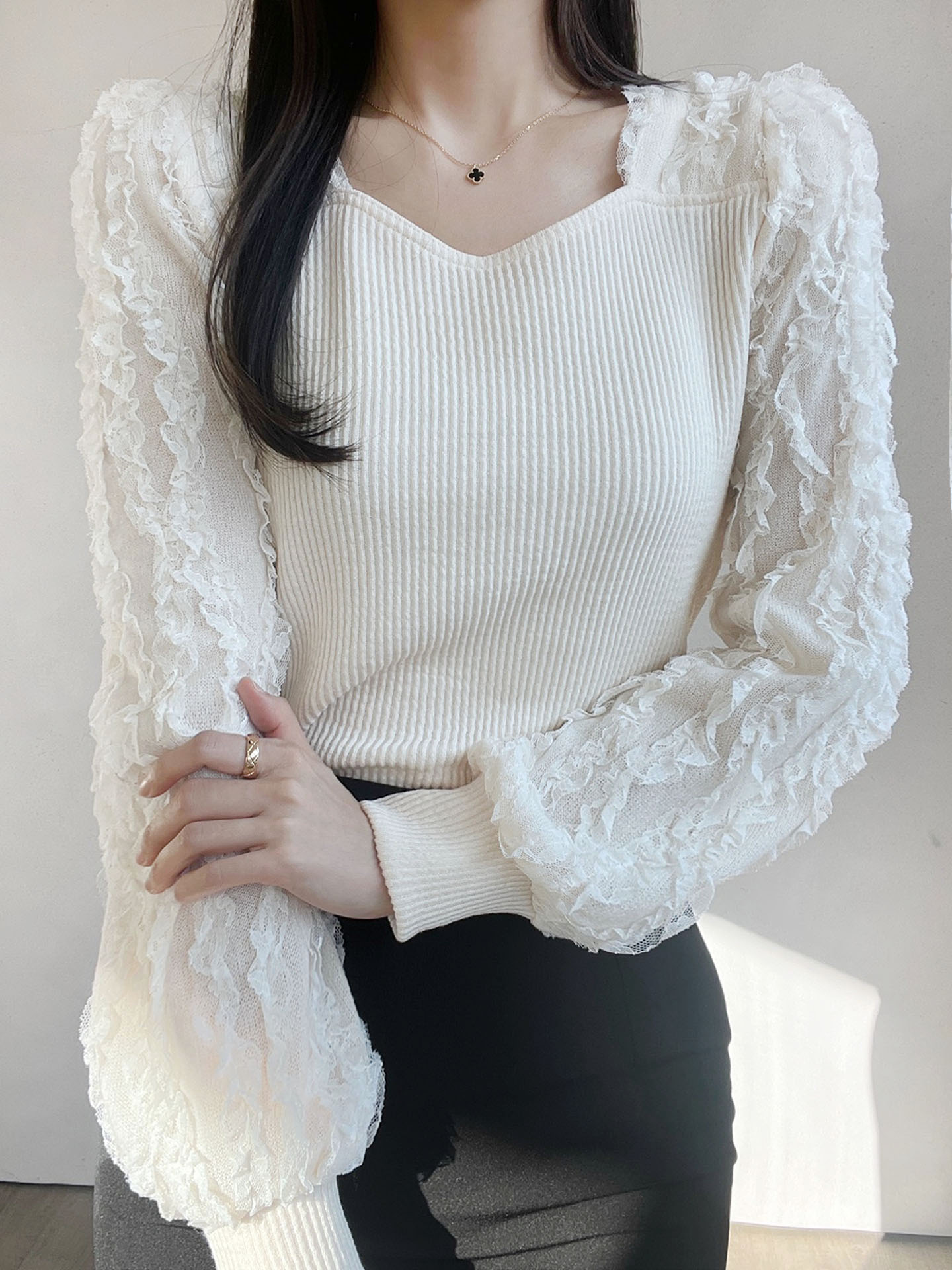 リブハートネック長袖レースTシャツ | 詳細画像7