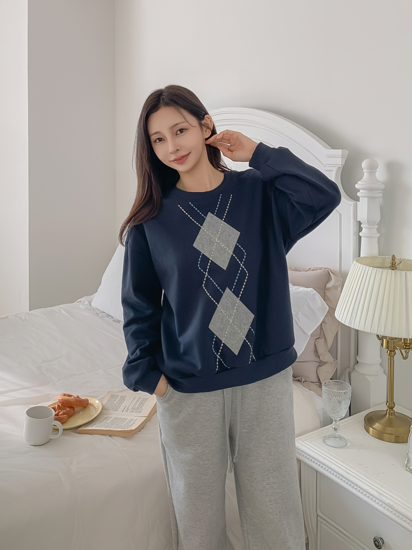 裏起毛ラウンドネックベーシックアーガイルスウェット | 詳細画像10