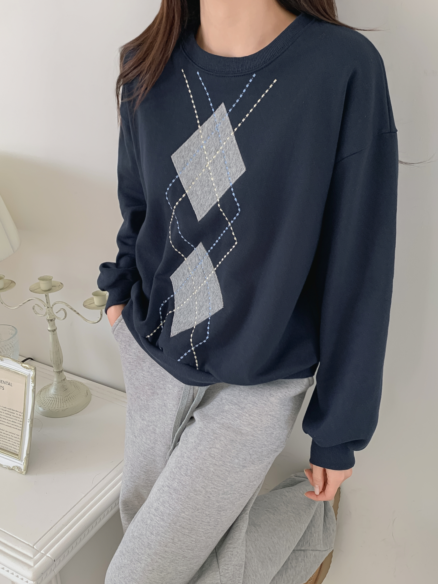 裏起毛ラウンドネックベーシックアーガイルスウェット | 詳細画像18