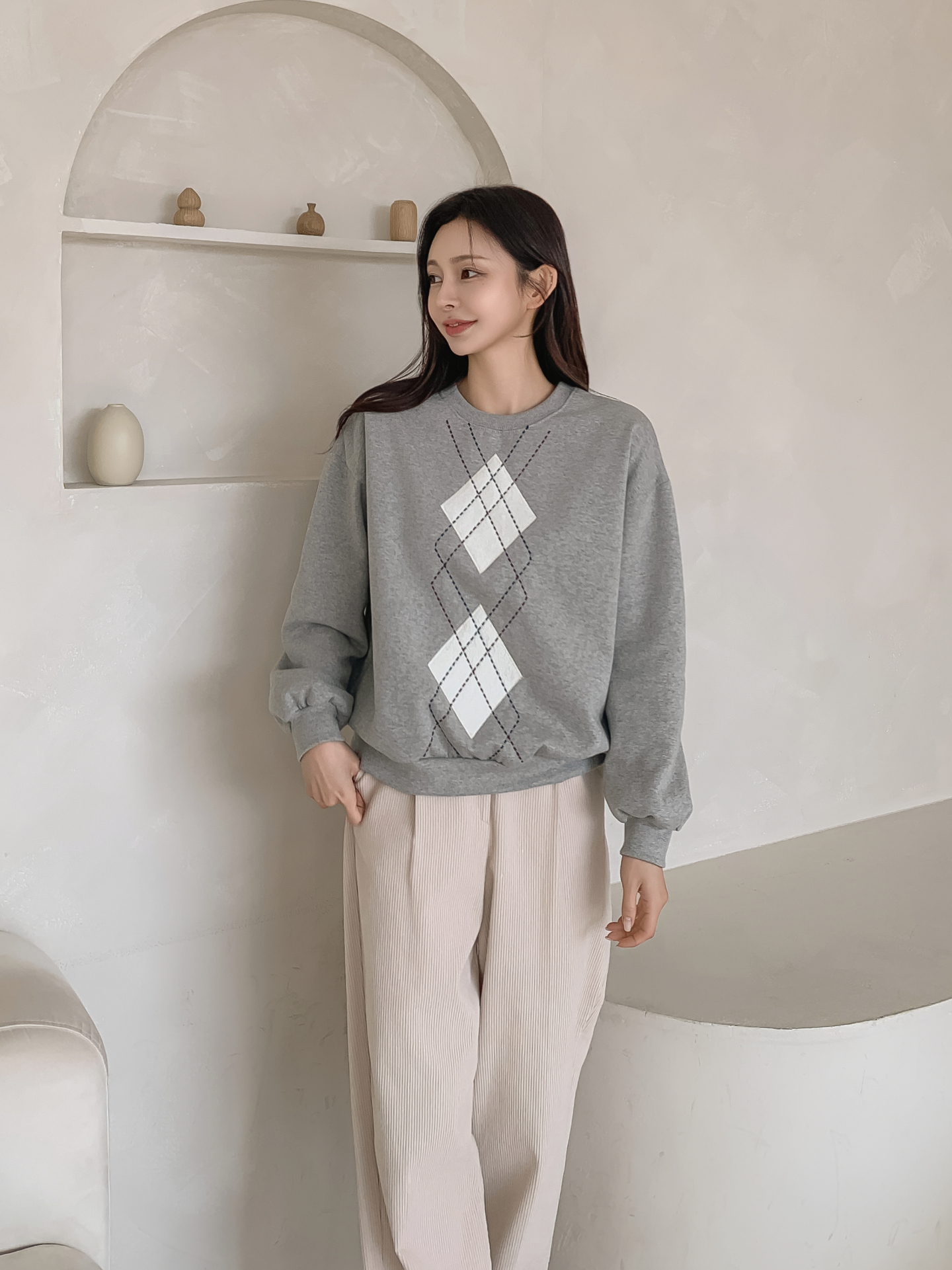 裏起毛ラウンドネックベーシックアーガイルスウェット | 詳細画像29