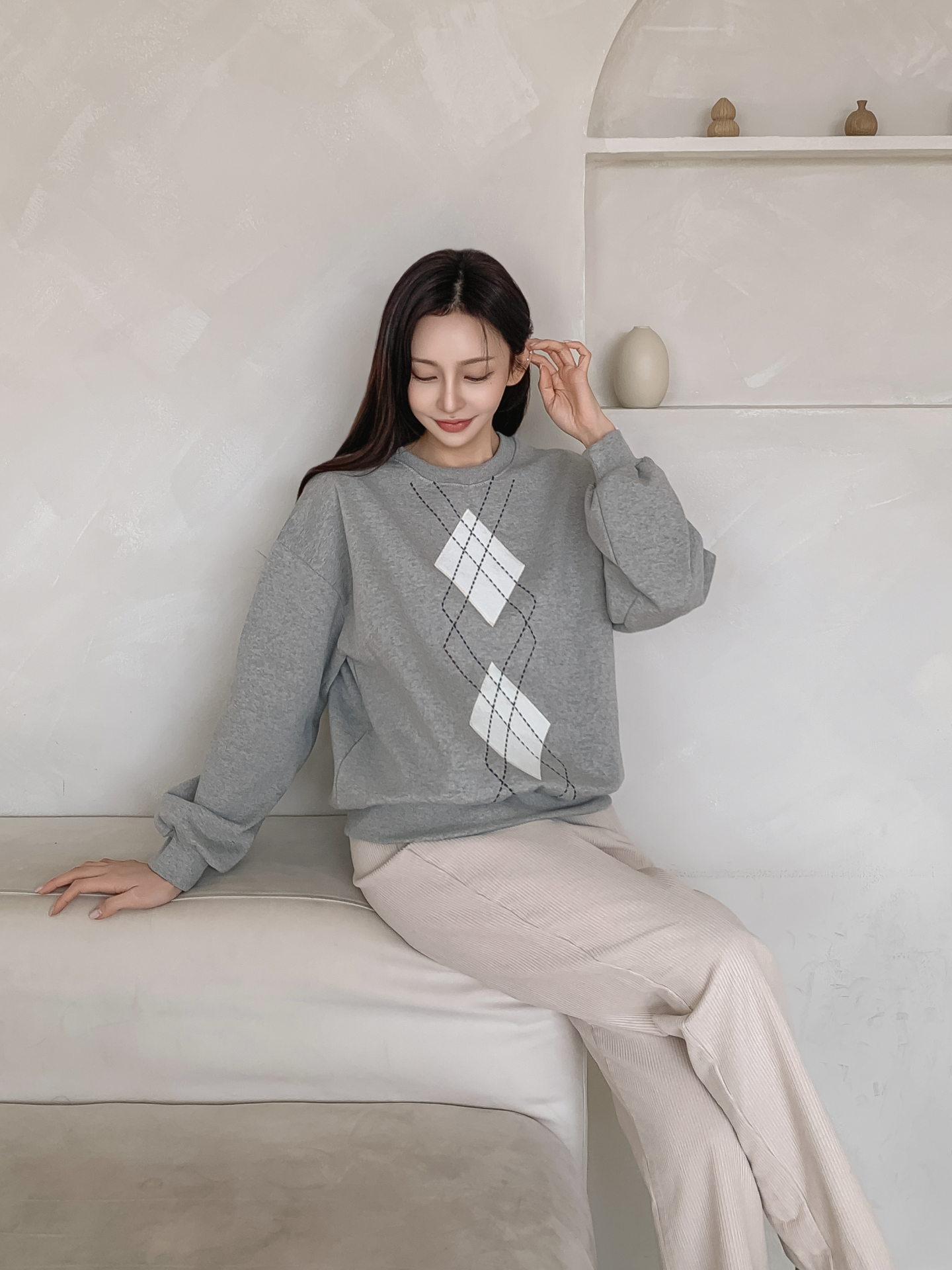 裏起毛ラウンドネックベーシックアーガイルスウェット | 詳細画像30