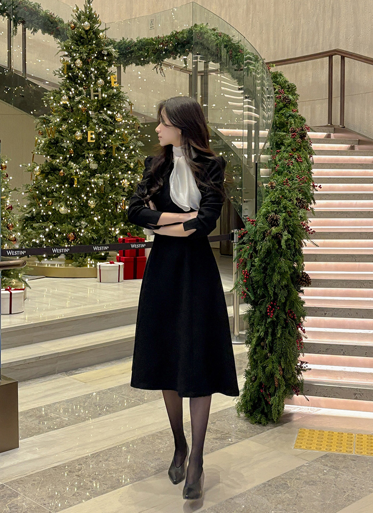 ツイードコンビ配色シフォンジップアップスリム長袖ミディフレアA