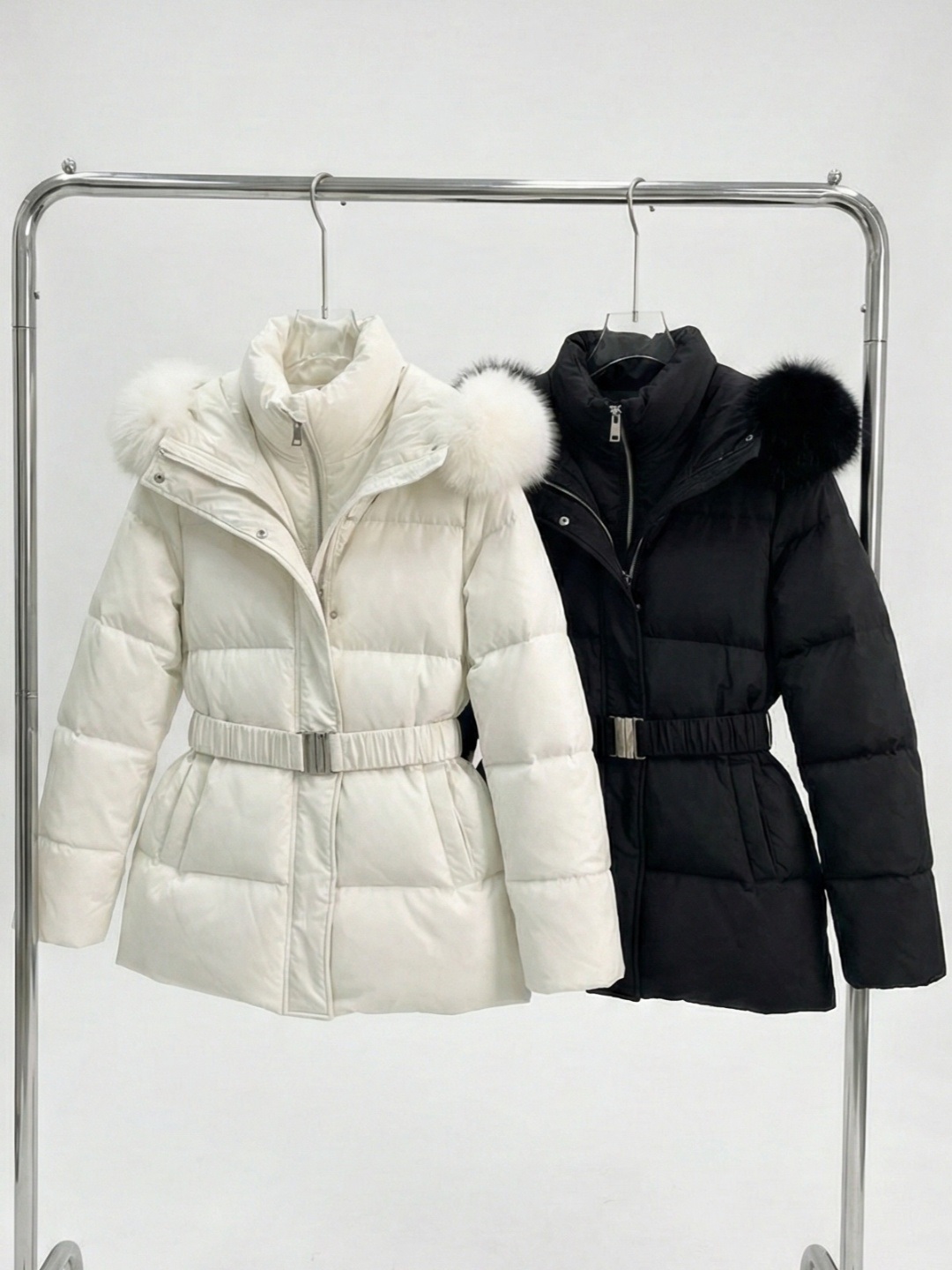 ダックダウンエコファーハイネックフードダウンジャケットベルト付 | 詳細画像9