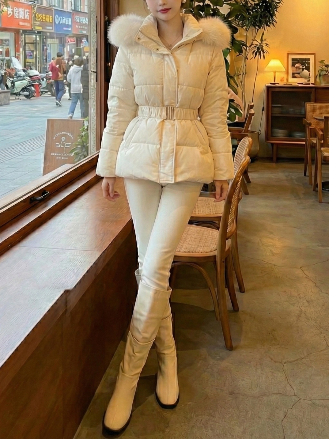 ダックダウンエコファーハイネックフードダウンジャケットベルト付 | 詳細画像22