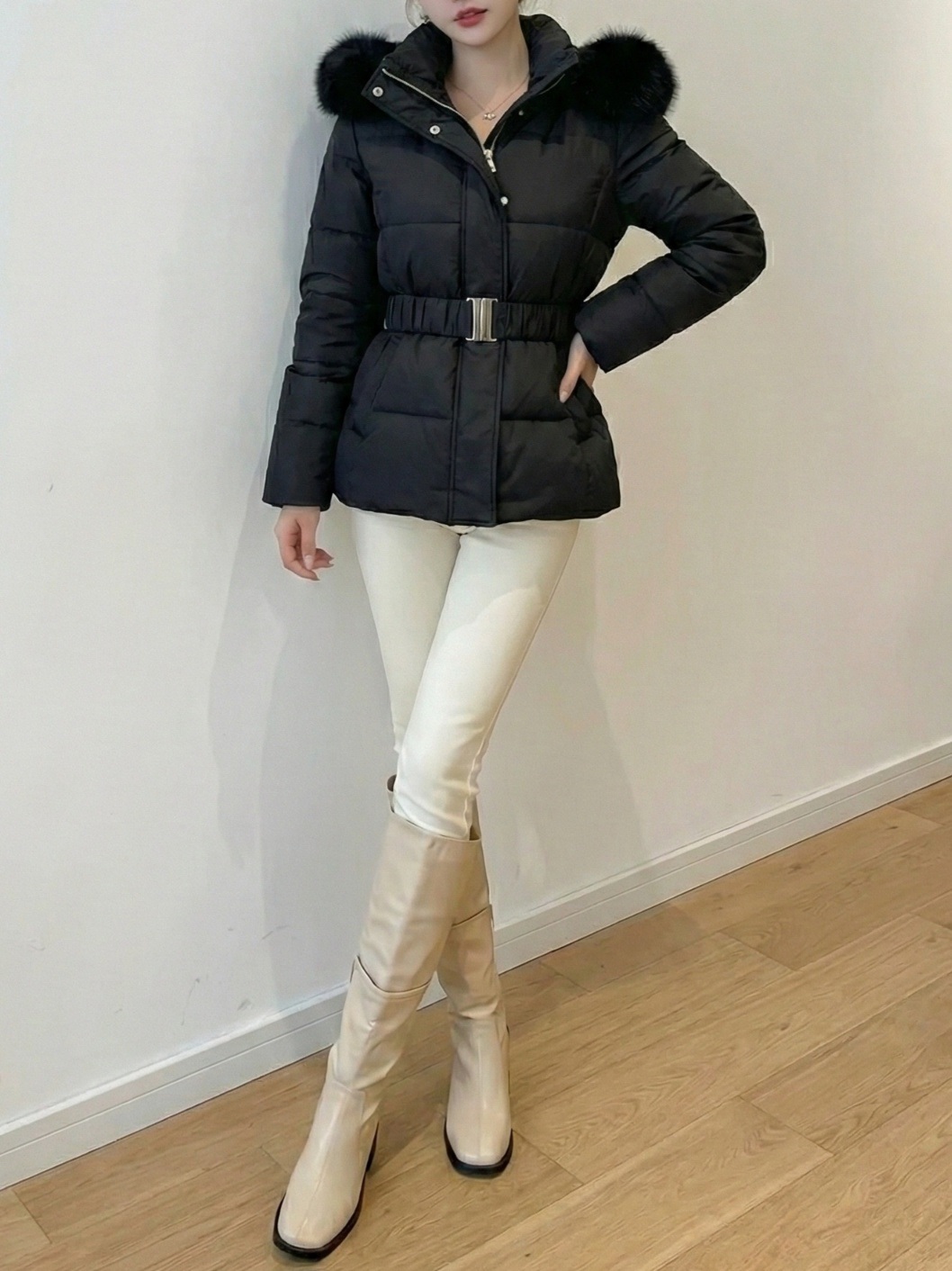 ダックダウンエコファーハイネックフードダウンジャケットベルト付 | 詳細画像19