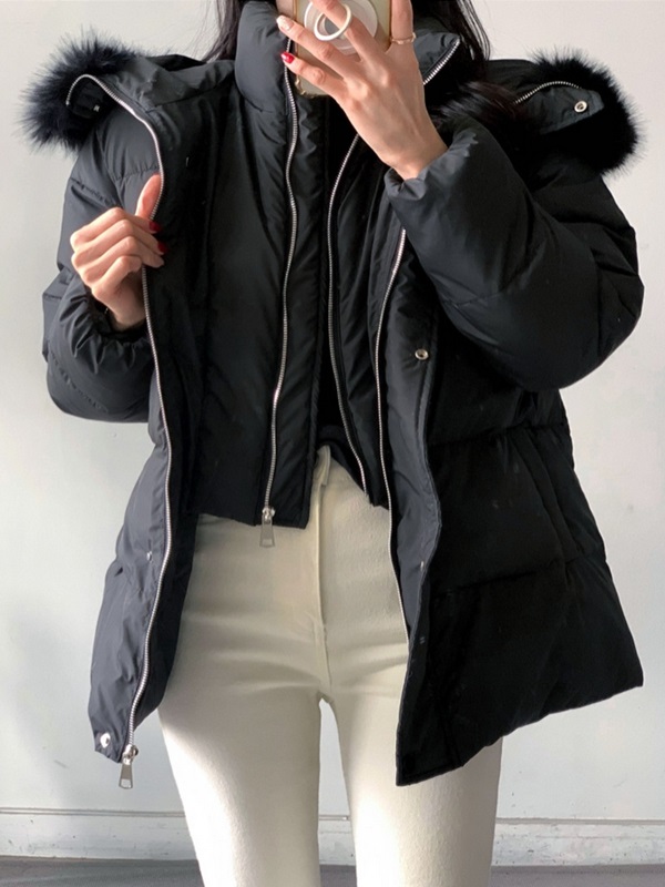 ダックダウンエコファーハイネックフードダウンジャケットベルト付 | 詳細画像4