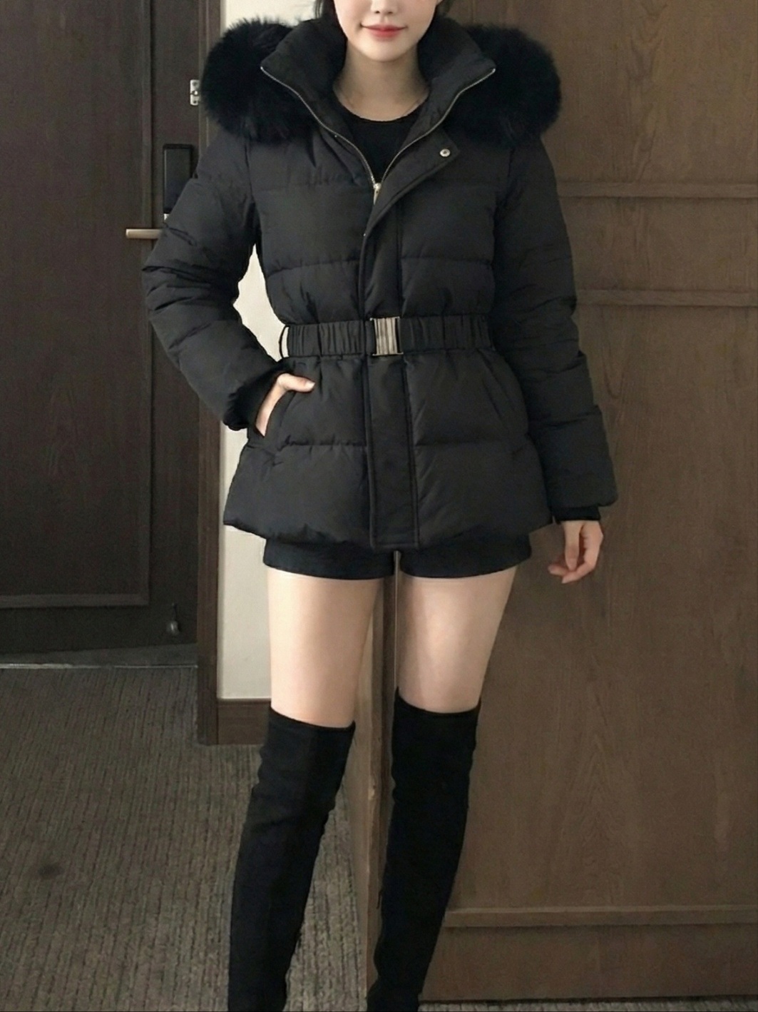 ダックダウンエコファーハイネックフードダウンジャケットベルト付 | 詳細画像8