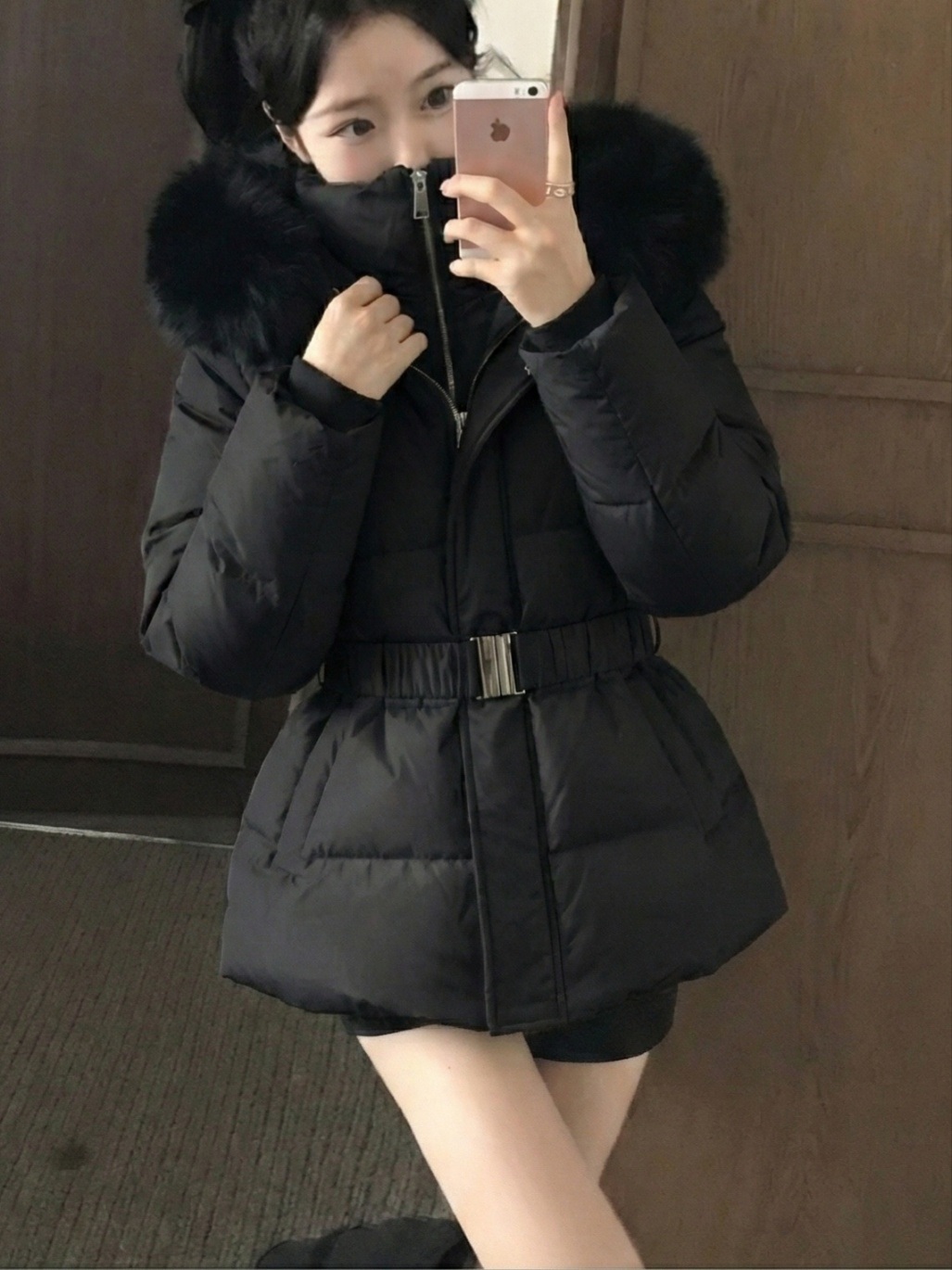 ダックダウンエコファーハイネックフードダウンジャケットベルト付 | 詳細画像7