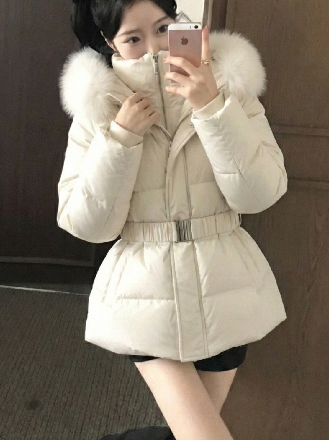 ダックダウンエコファーハイネックフードダウンジャケットベルト付 | 詳細画像17