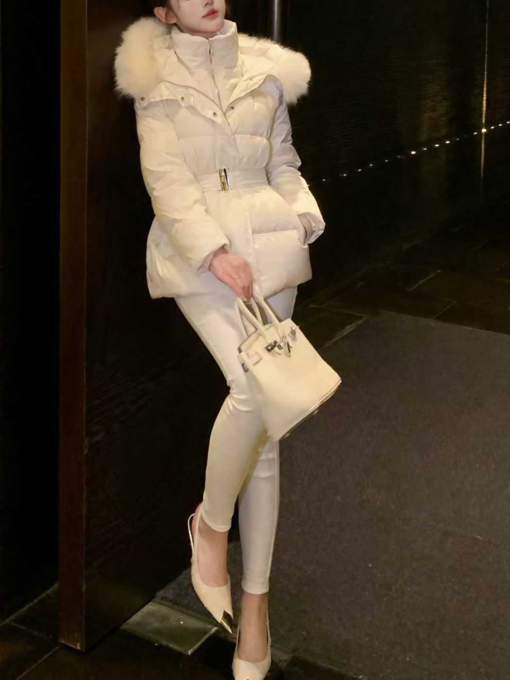 ダックダウンエコファーハイネックフードダウンジャケットベルト付 | 詳細画像10