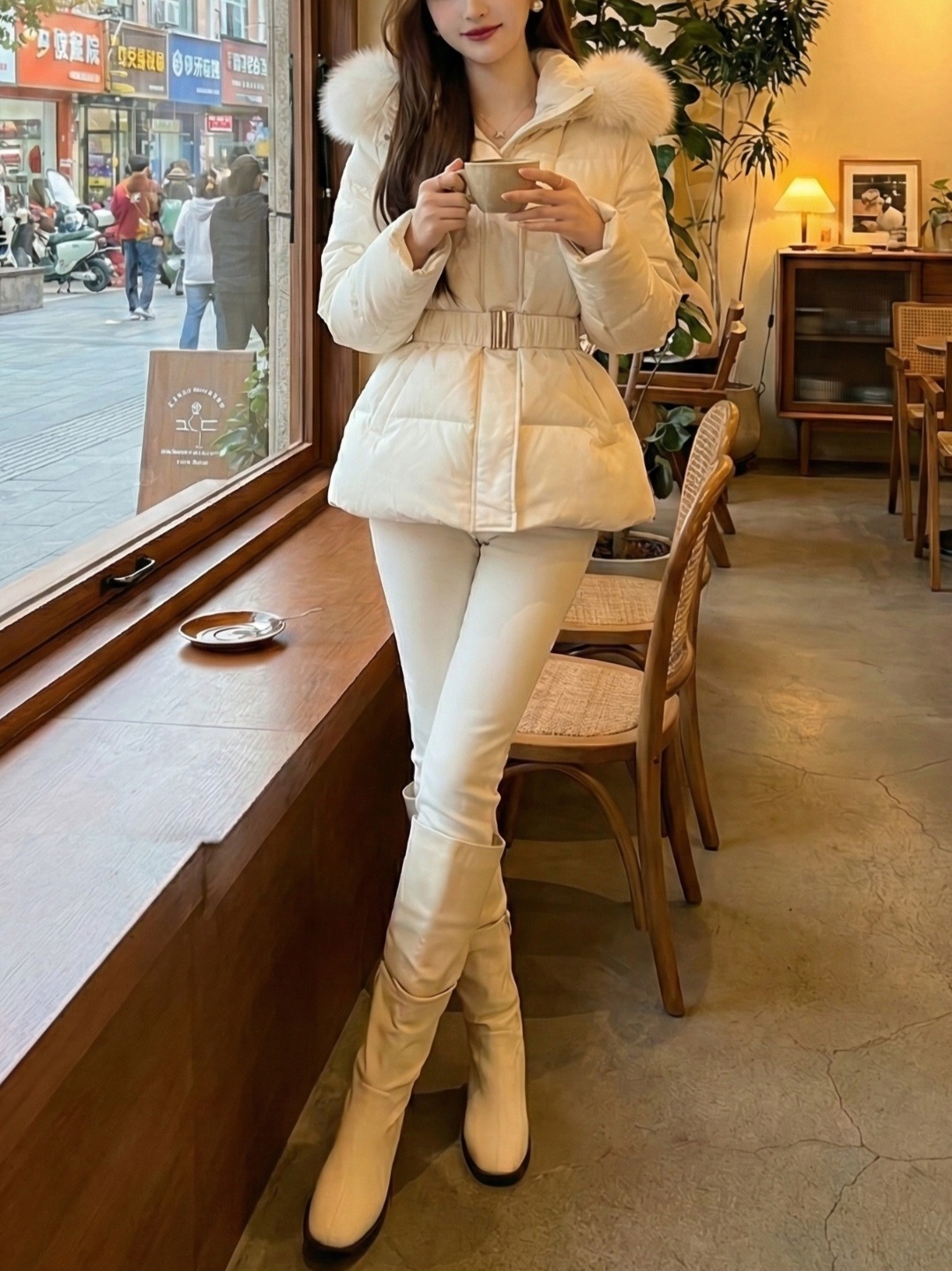 ダックダウンエコファーハイネックフードダウンジャケットベルト付 | 詳細画像20