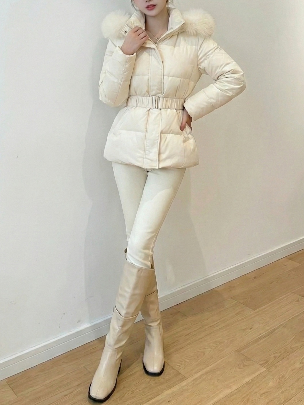 ダックダウンエコファーハイネックフードダウンジャケットベルト付 | 詳細画像13