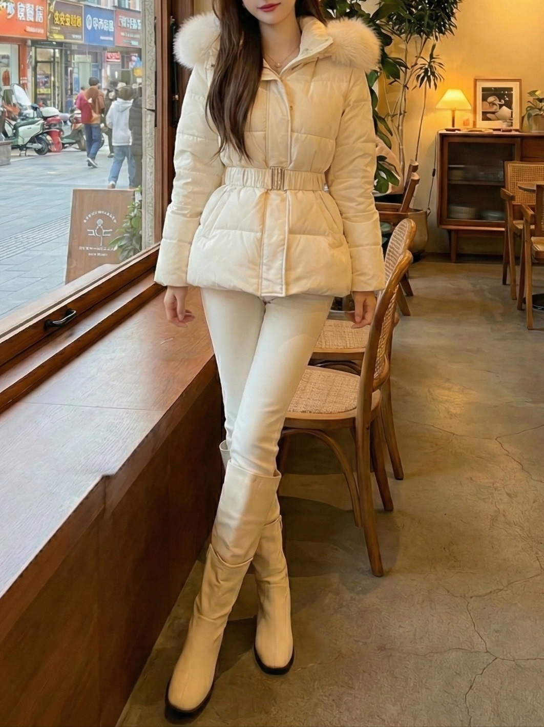 ダックダウンエコファーハイネックフードダウンジャケットベルト付 | 詳細画像21