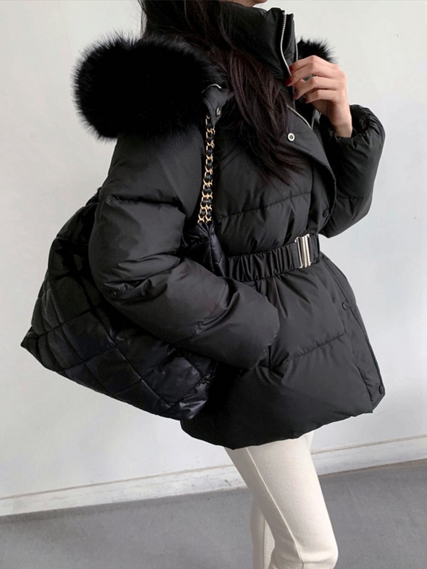 ダックダウンエコファーハイネックフードダウンジャケットベルト付 | 詳細画像5