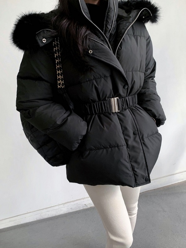 ダックダウンエコファーハイネックフードダウンジャケットベルト付 | 詳細画像15