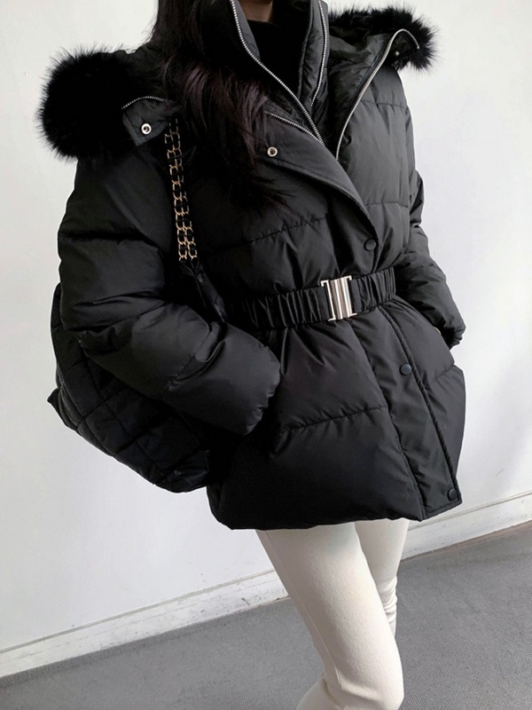 ダックダウンエコファーハイネックフードダウンジャケットベルト付 | 詳細画像6