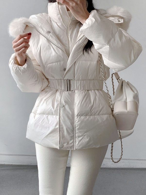 ダックダウンエコファーハイネックフードダウンジャケットベルト付 | 詳細画像3