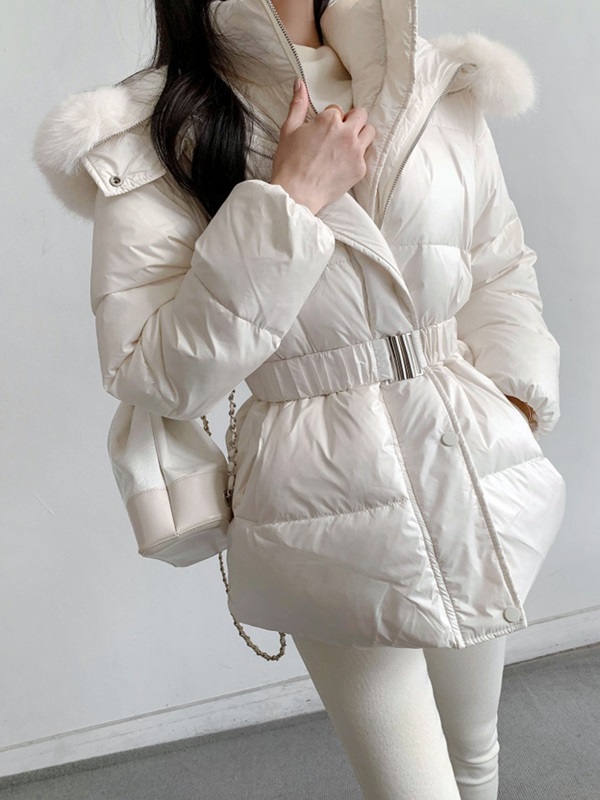 ダックダウンエコファーハイネックフードダウンジャケットベルト付 | 詳細画像2