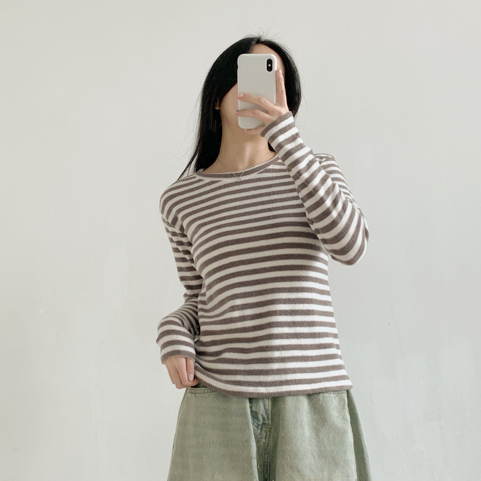 裏起毛ラウンドネックスリム長袖ボーダーTシャツ | 詳細画像6