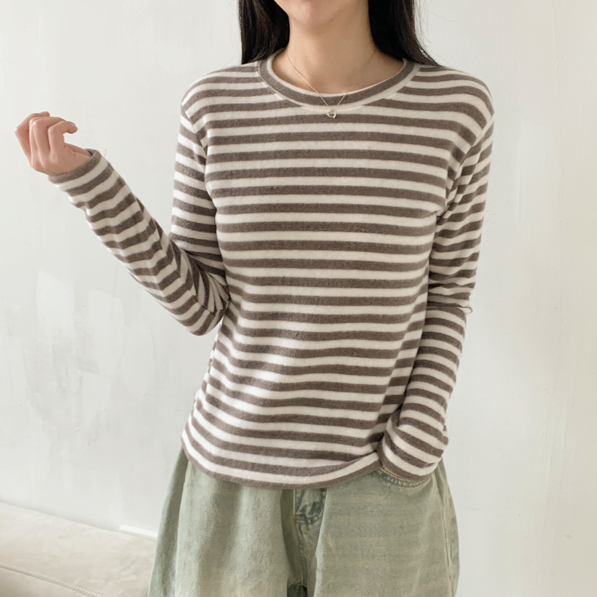 裏起毛ラウンドネックスリム長袖ボーダーTシャツ | 詳細画像7