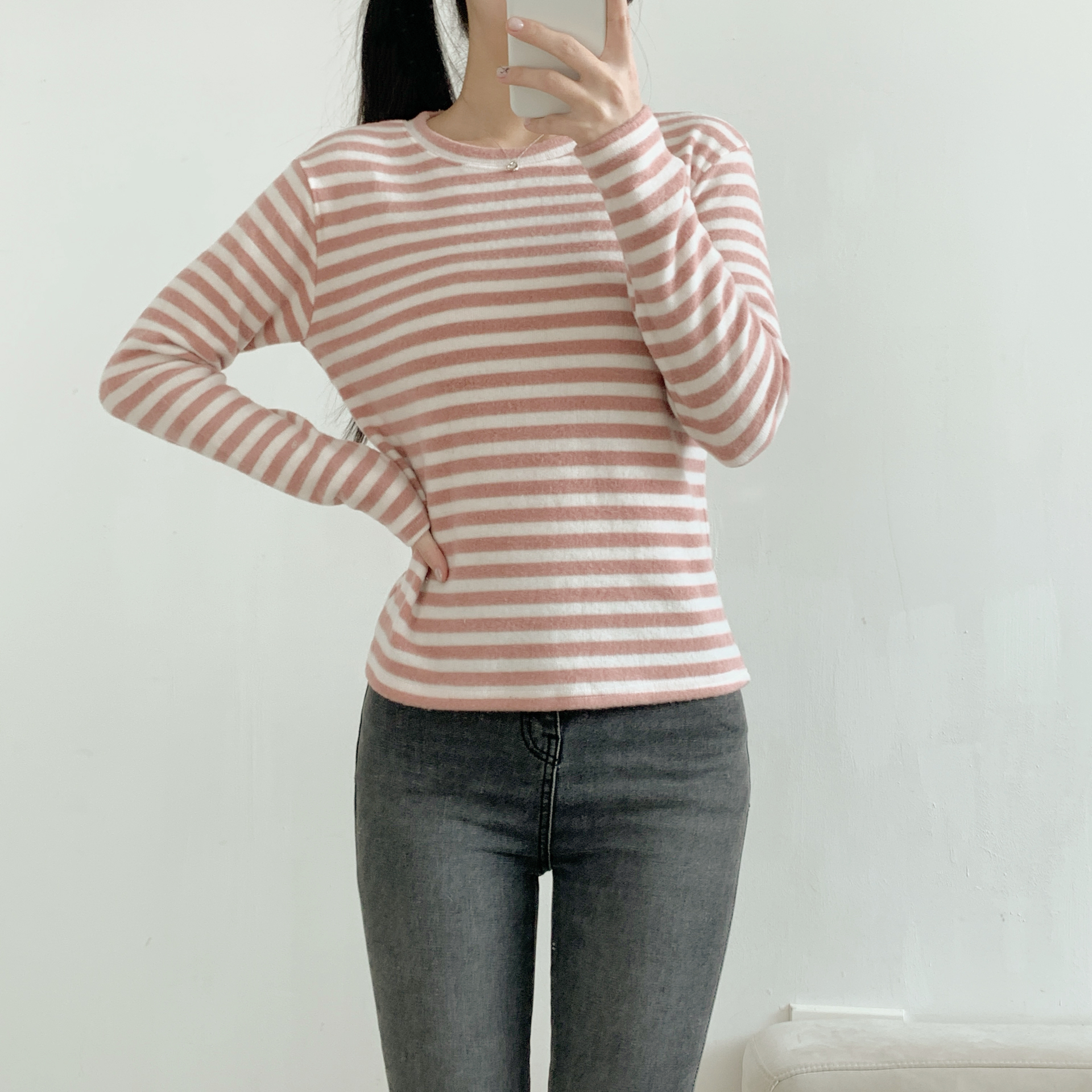 裏起毛ラウンドネックスリム長袖ボーダーTシャツ | 詳細画像8