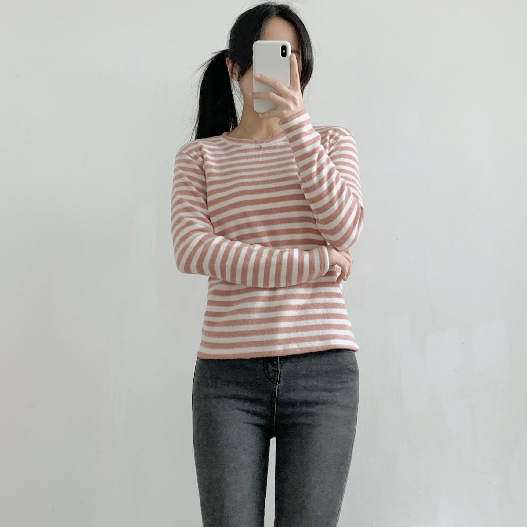 裏起毛ラウンドネックスリム長袖ボーダーTシャツ | 詳細画像9