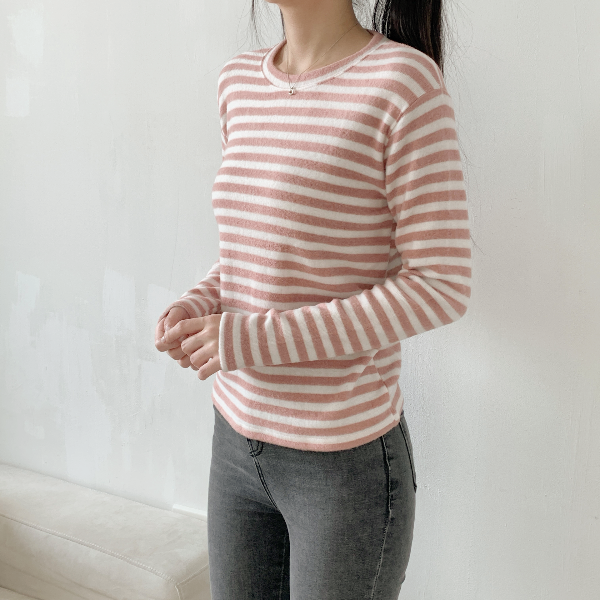 裏起毛ラウンドネックスリム長袖ボーダーTシャツ | 詳細画像10