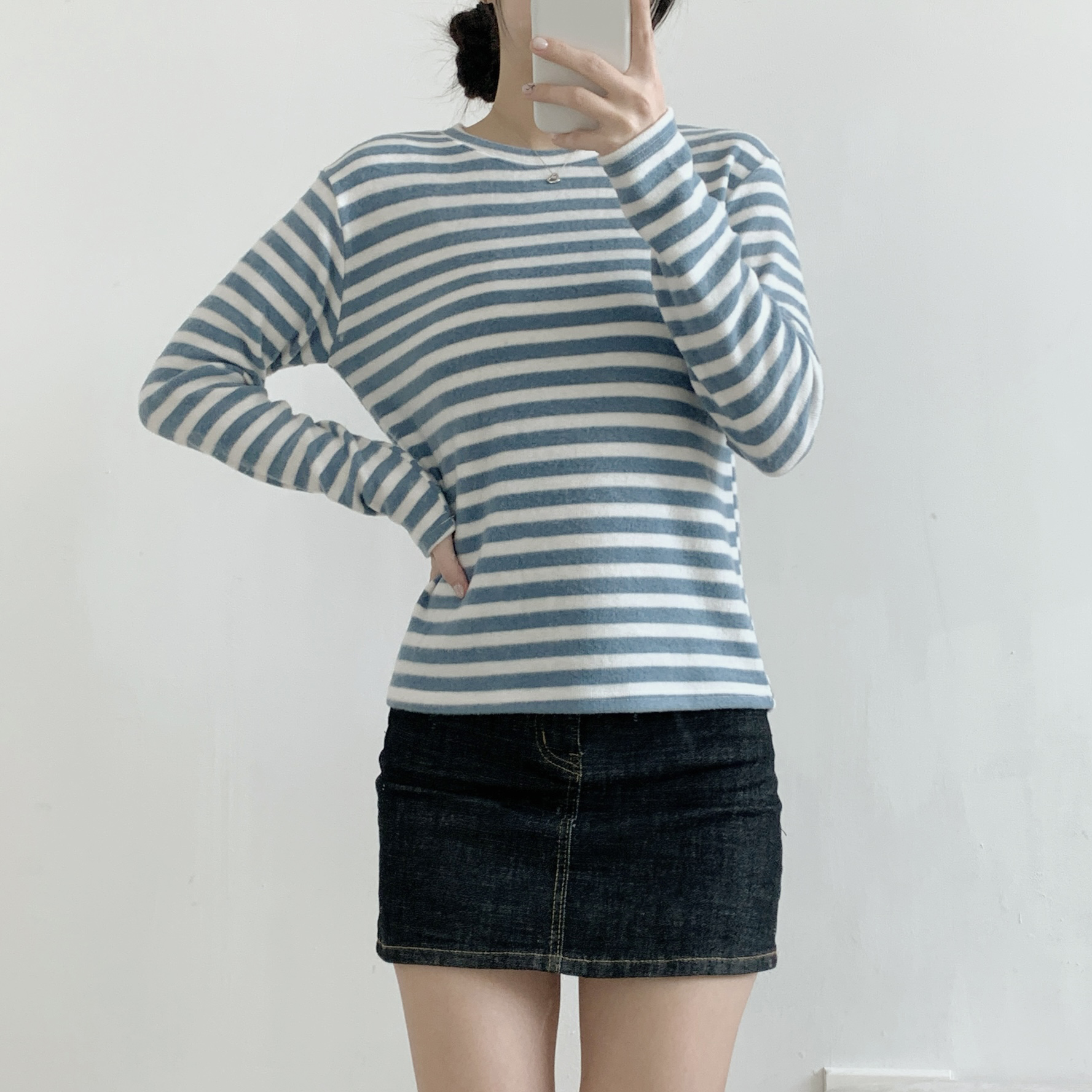 裏起毛ラウンドネックスリム長袖ボーダーTシャツ | 詳細画像12