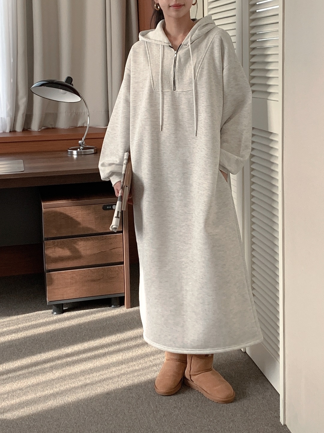 裏起毛ハーフジップフードボクシーロングワンピース | 詳細画像5