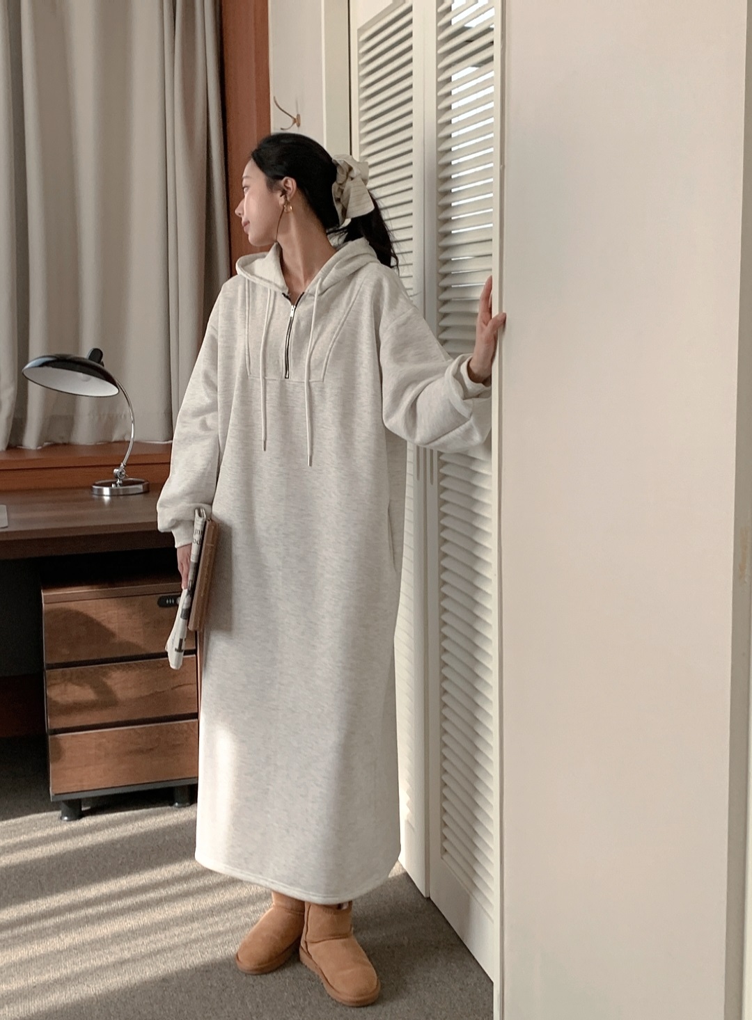 裏起毛ハーフジップフードボクシーロングワンピース | 詳細画像6