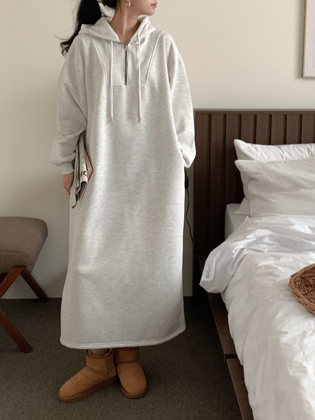 裏起毛ハーフジップフードボクシーロングワンピース | 詳細画像7