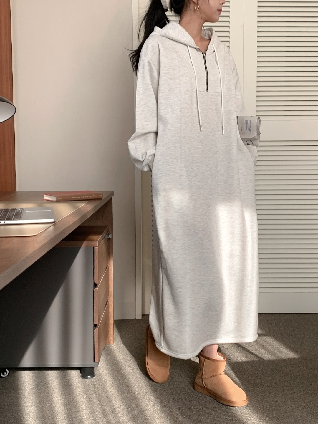 裏起毛ハーフジップフードボクシーロングワンピース | 詳細画像11