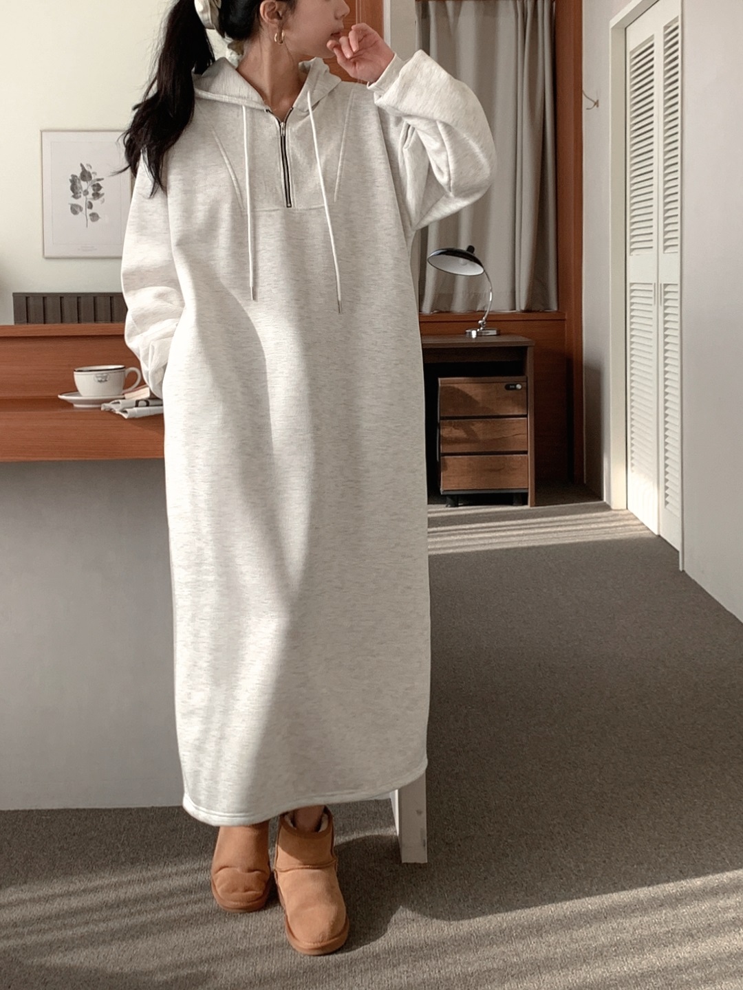 裏起毛ハーフジップフードボクシーロングワンピース | 詳細画像14