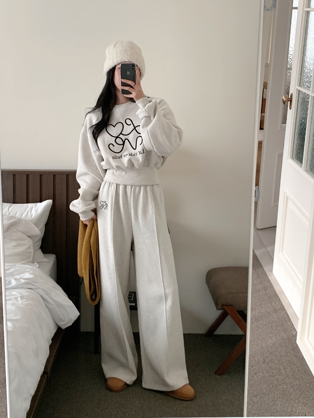 裏起毛ラウンドネックウエストゴムレタリング刺繍セットアップ | 詳細画像13