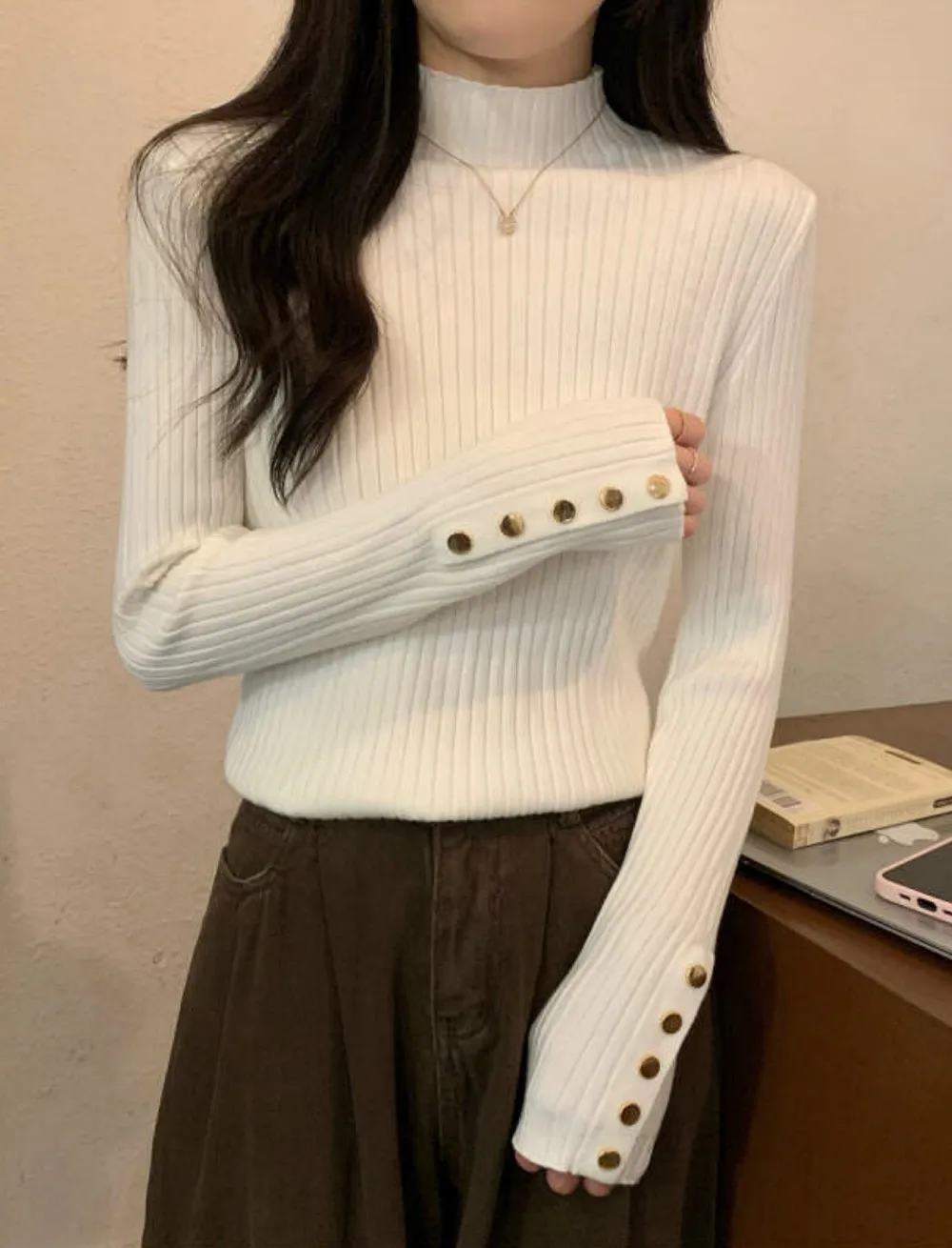 リブボタンスリーブ長袖ニット | 詳細画像1
