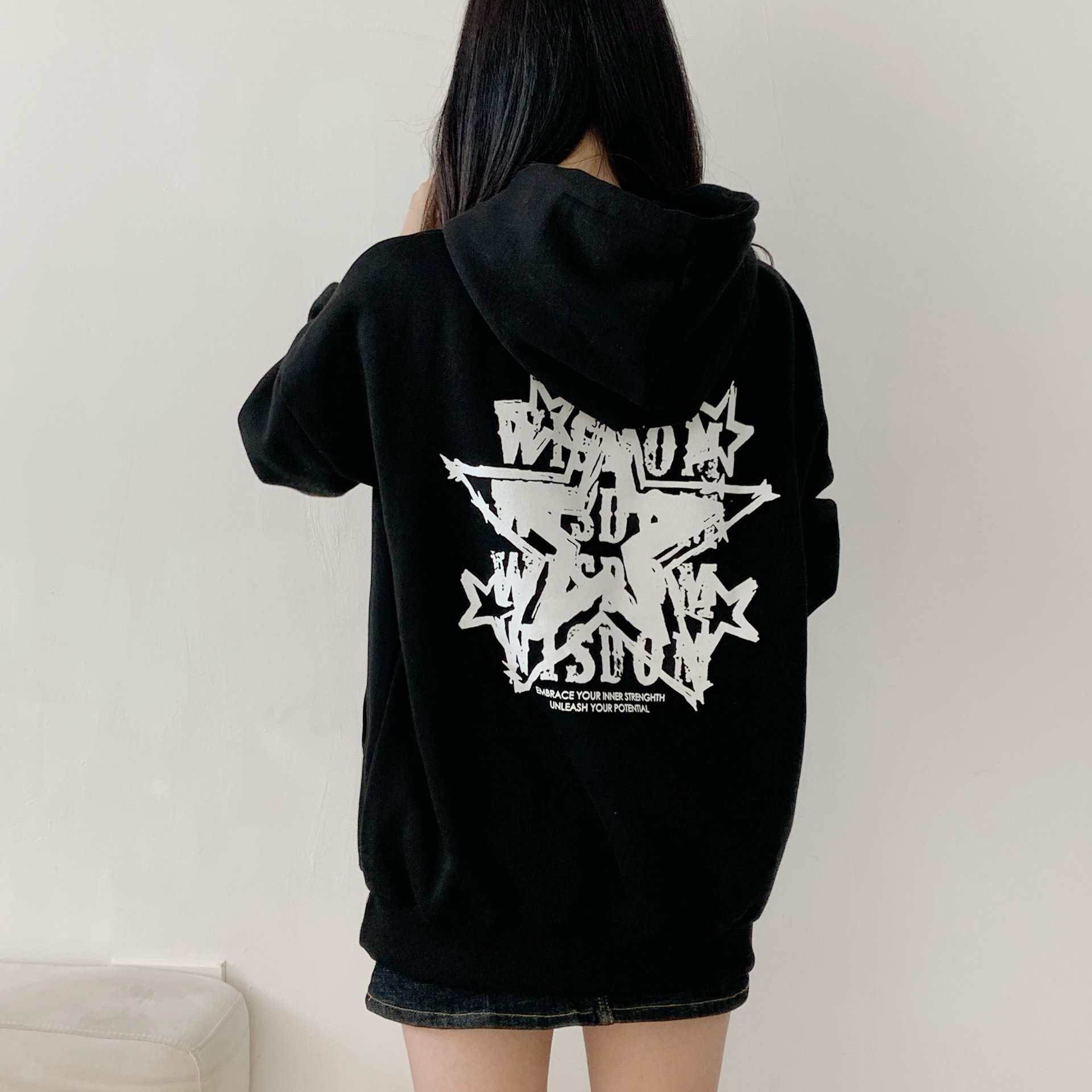 裏起毛フードオーバーサイズルーズ長袖星柄両面プリントパーカー | 詳細画像6