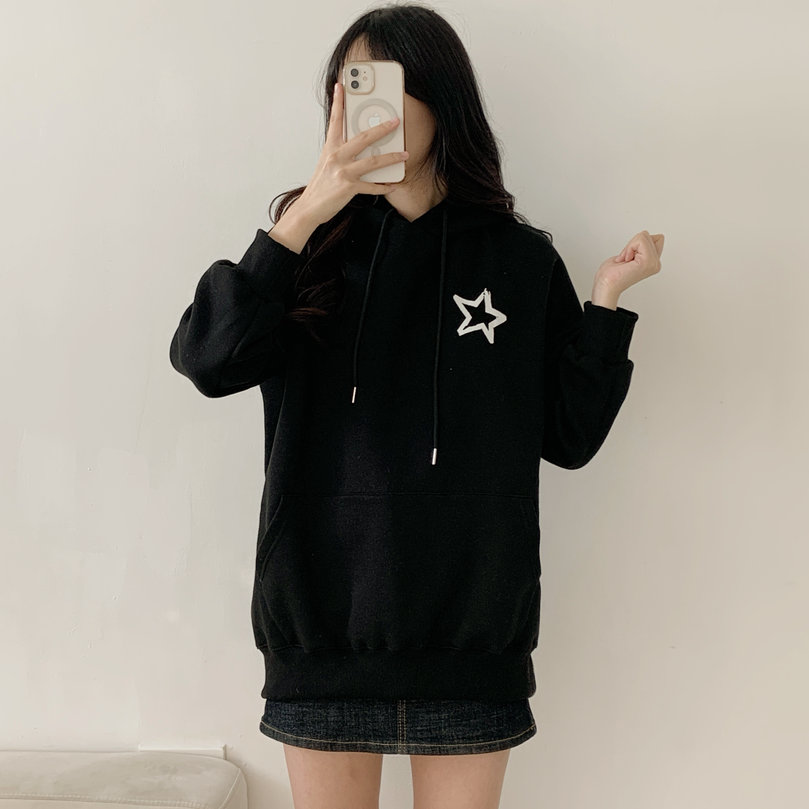 裏起毛フードオーバーサイズルーズ長袖星柄両面プリントパーカー | 詳細画像9