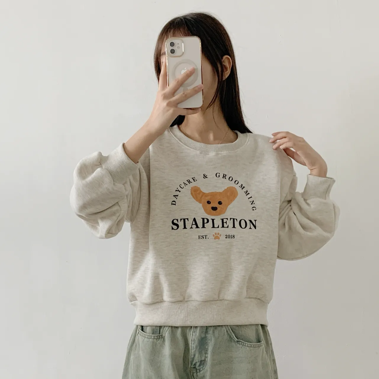 裏起毛ラウンドネッククロップド長袖ベアスウェット | 詳細画像1