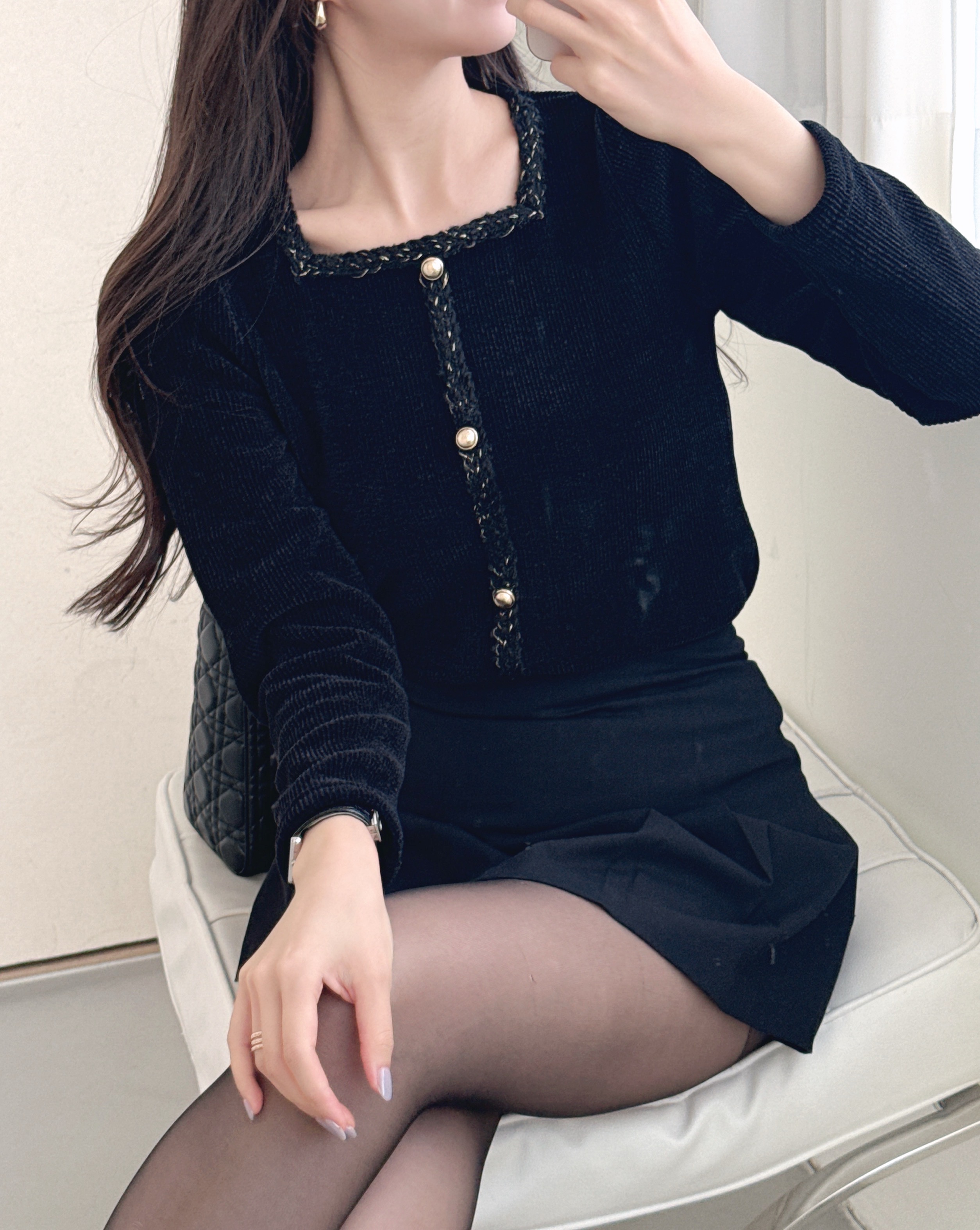 コンビスクエアネックスリム長袖フェイクボタンニット | 詳細画像7