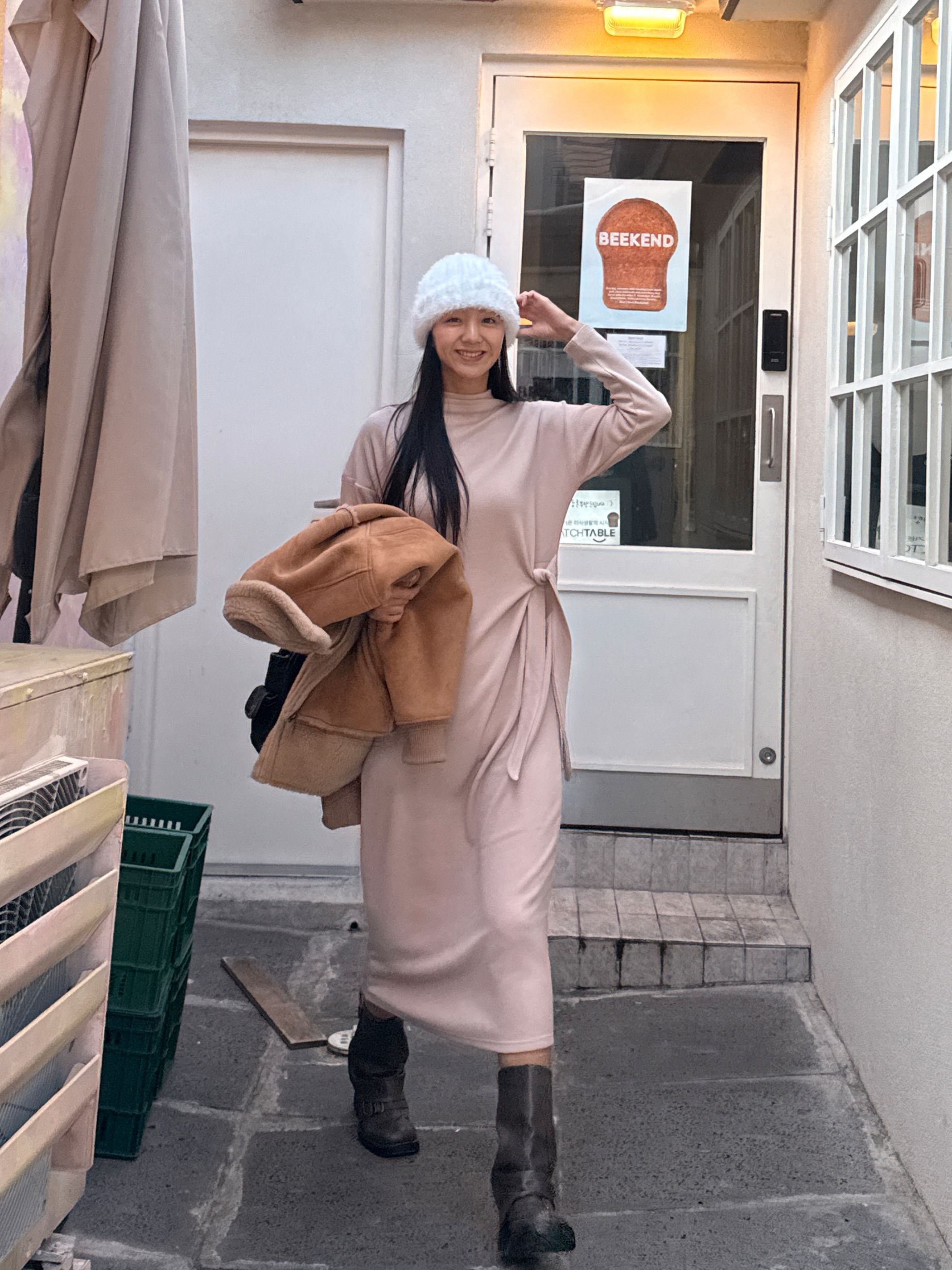 裏起毛ロング長袖ノットワンピース | 詳細画像2