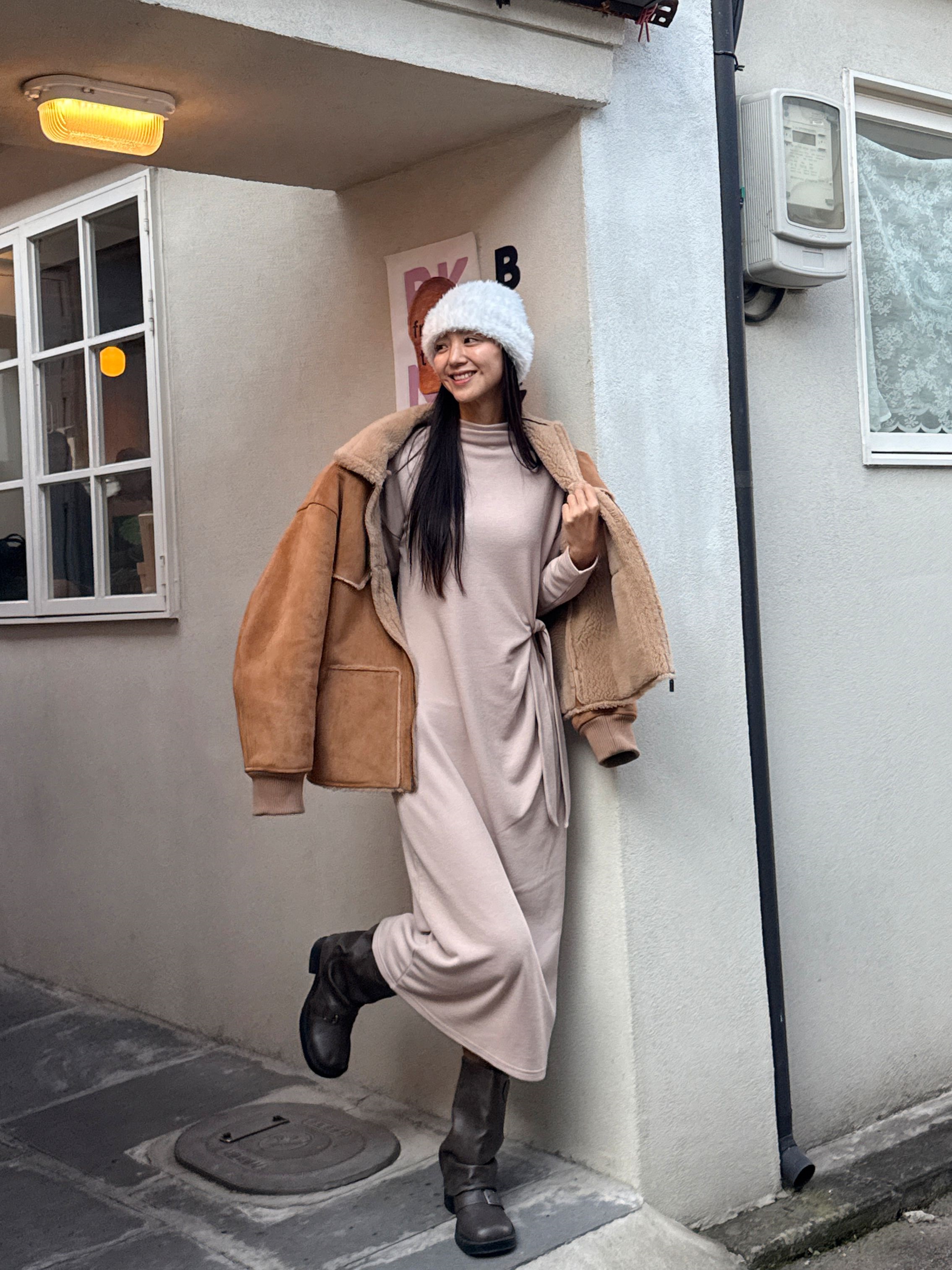 裏起毛ロング長袖ノットワンピース | 詳細画像7