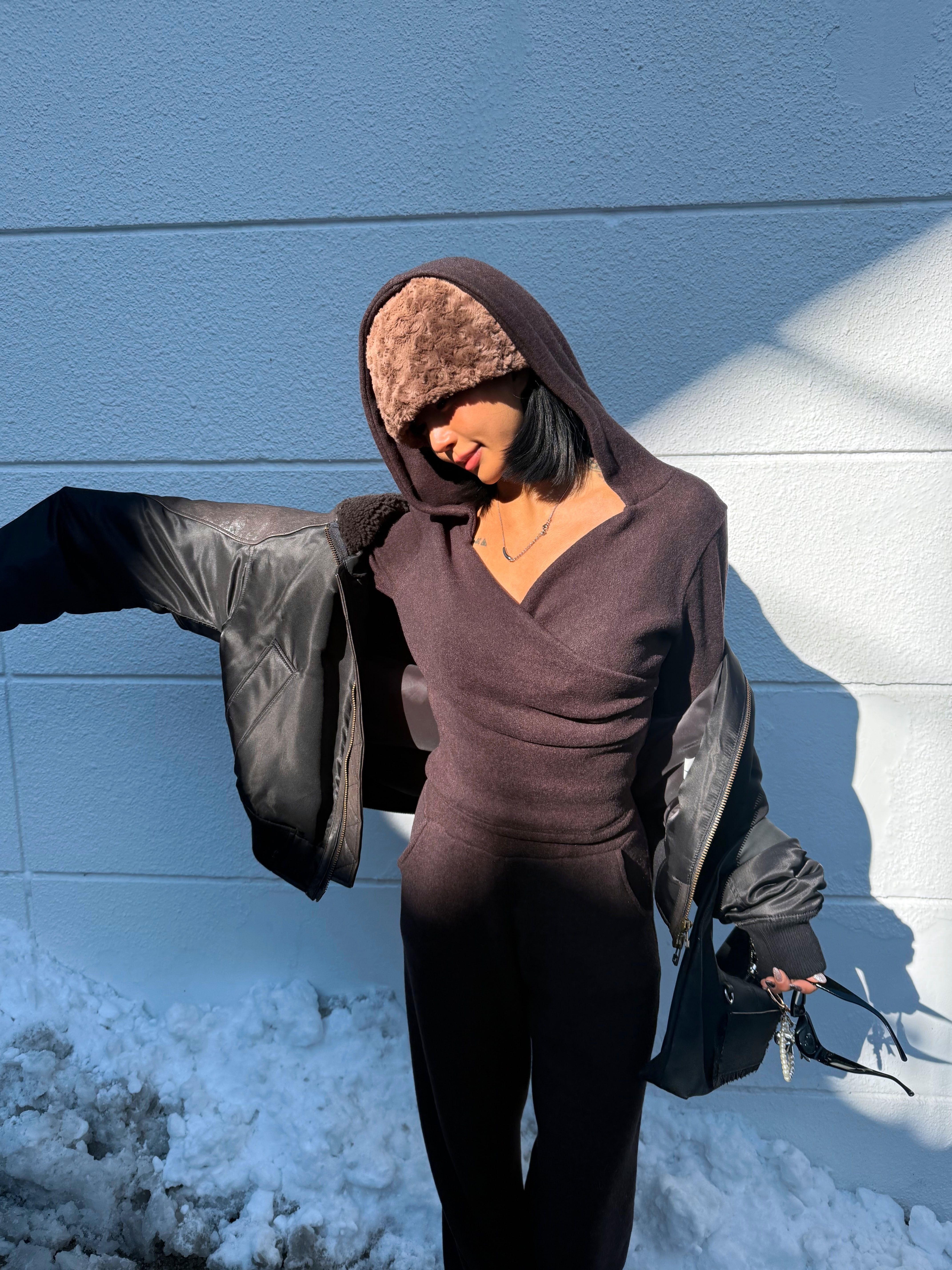 起毛ソフトフードポケットウエストゴムルーズ長袖セットアップパンツジップパーカー | 詳細画像2