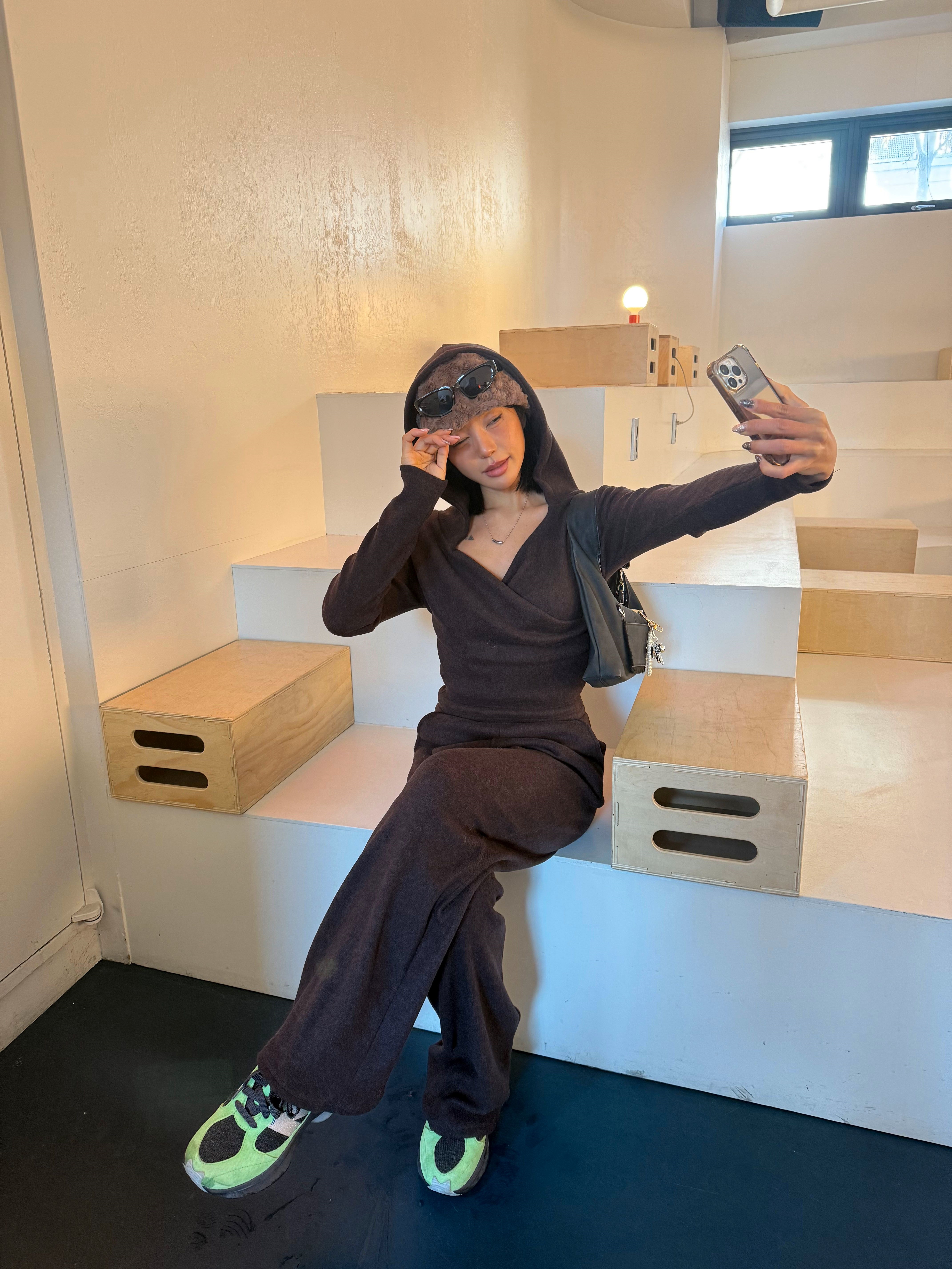 起毛ソフトフードポケットウエストゴムルーズ長袖セットアップパンツジップパーカー | 詳細画像4