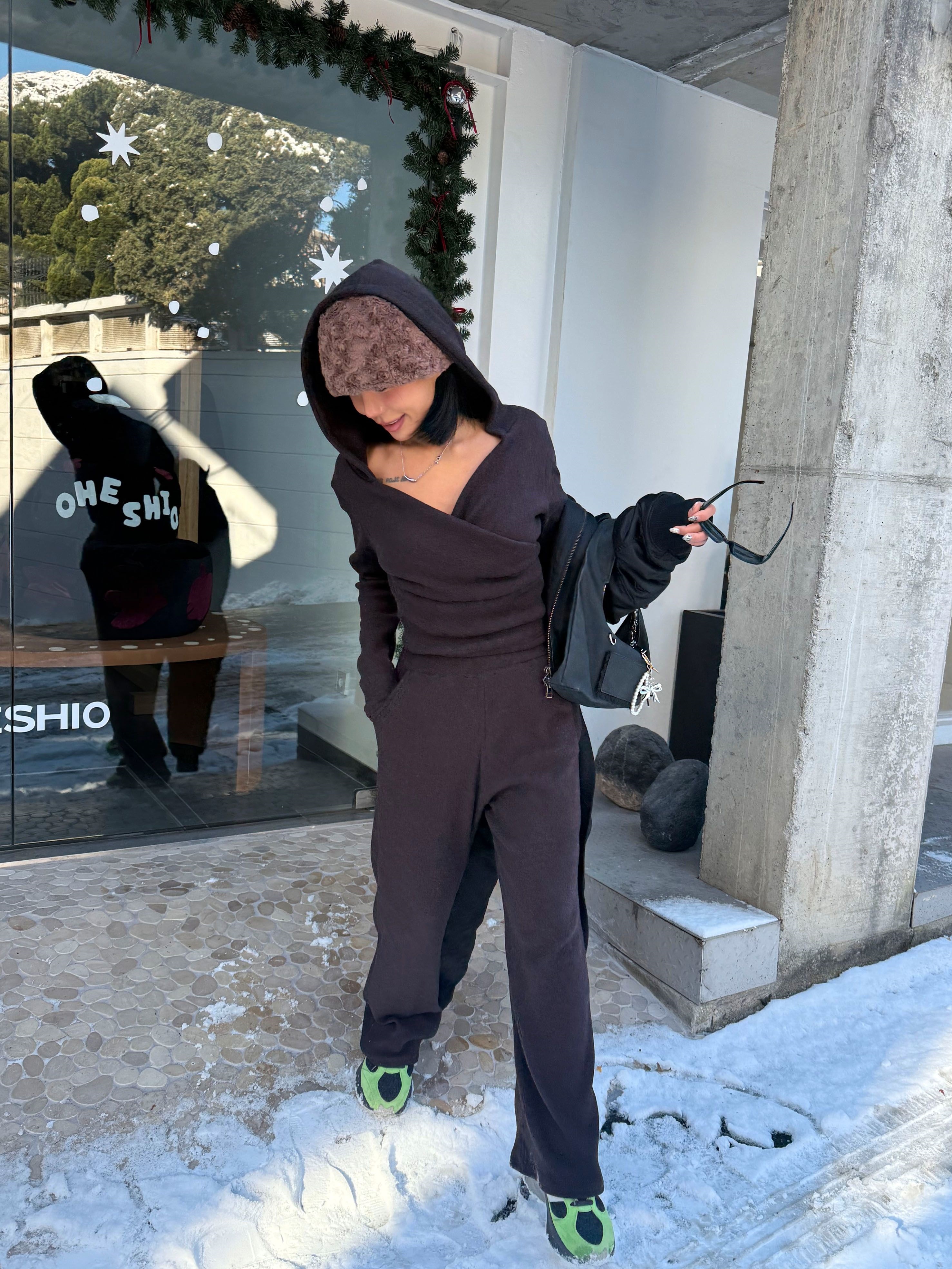 起毛ソフトフードポケットウエストゴムルーズ長袖セットアップパンツジップパーカー | 詳細画像8