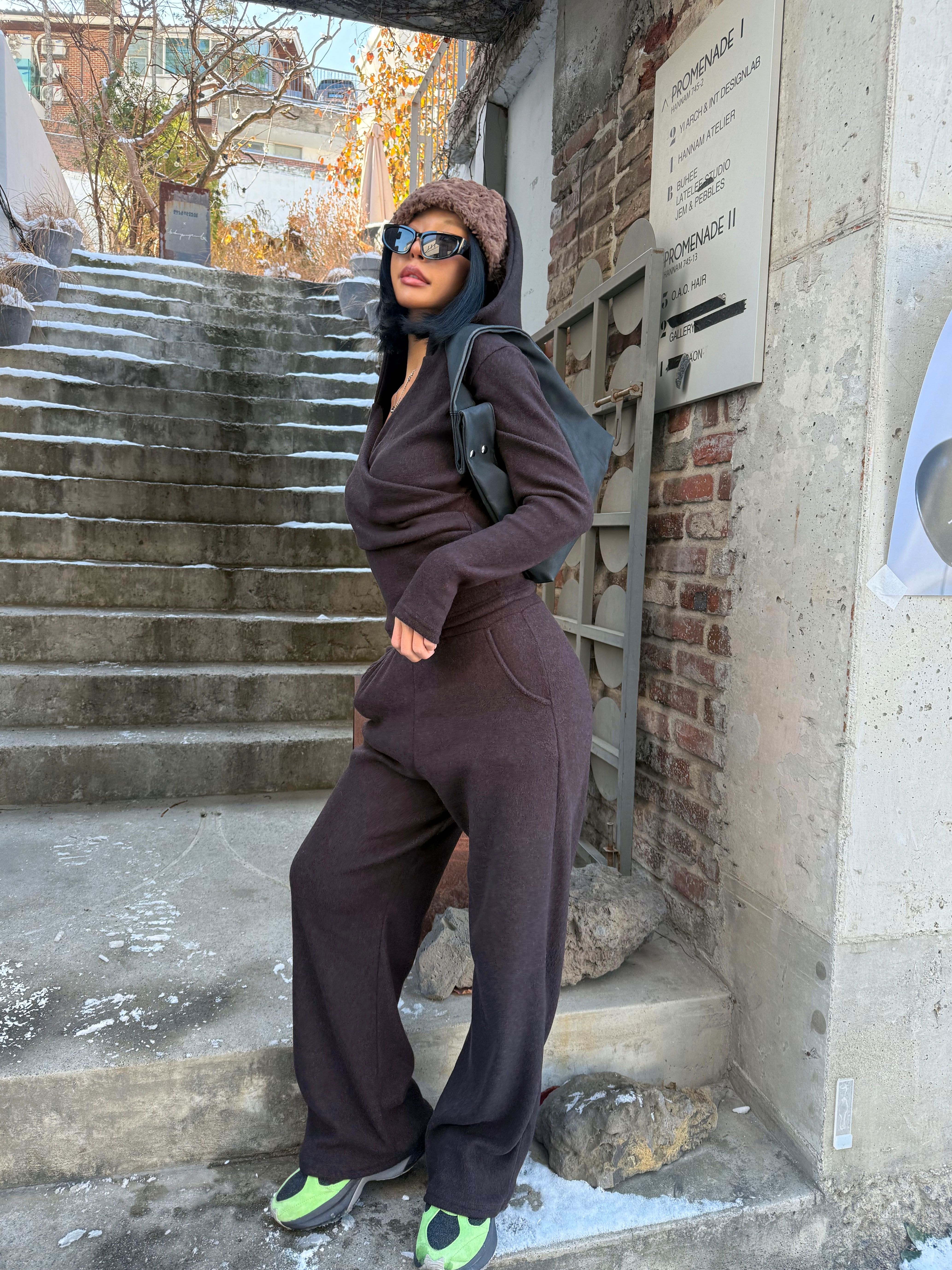 起毛ソフトフードポケットウエストゴムルーズ長袖セットアップパンツジップパーカー | 詳細画像11