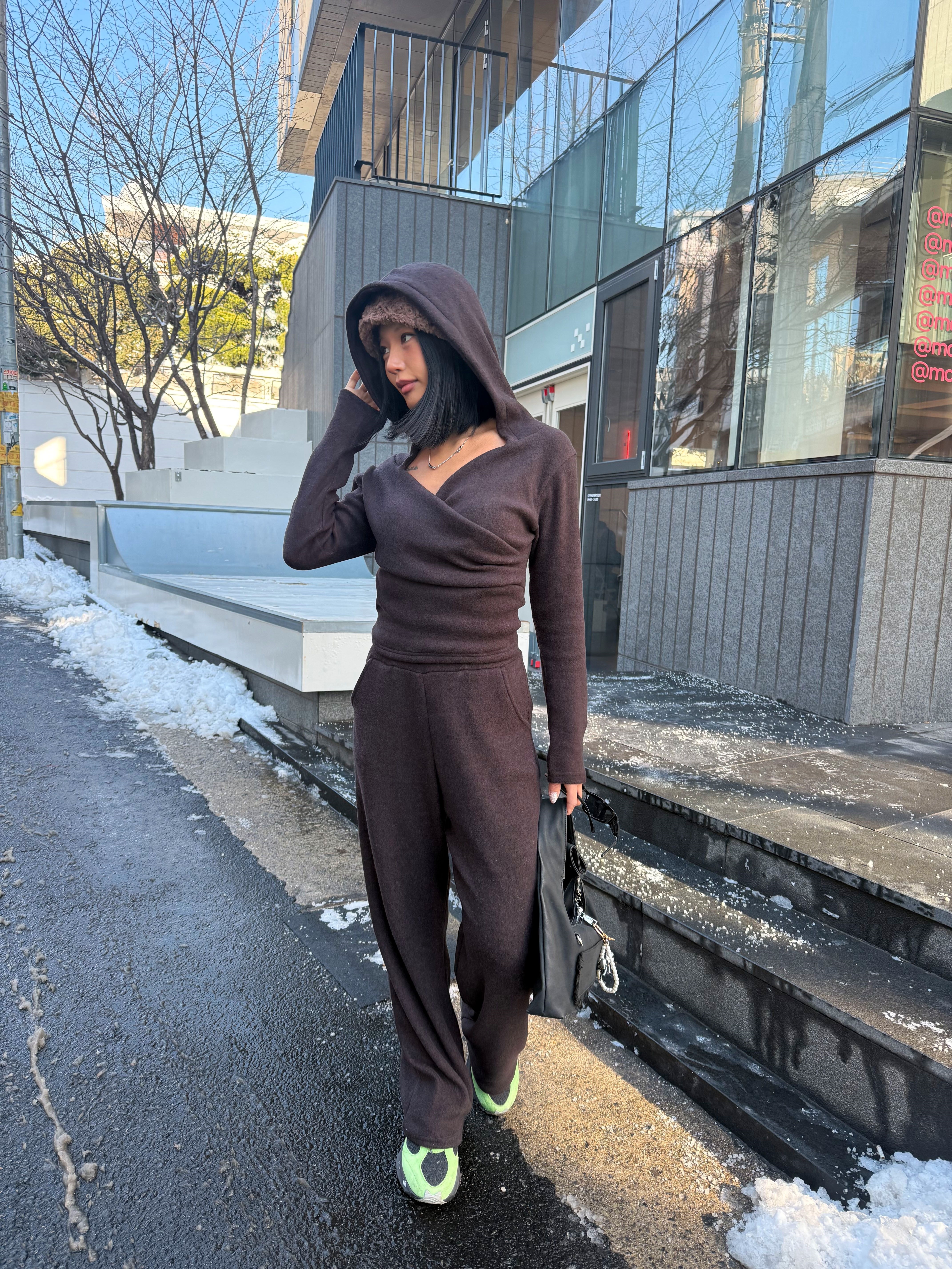 起毛ソフトフードポケットウエストゴムルーズ長袖セットアップパンツジップパーカー | 詳細画像13